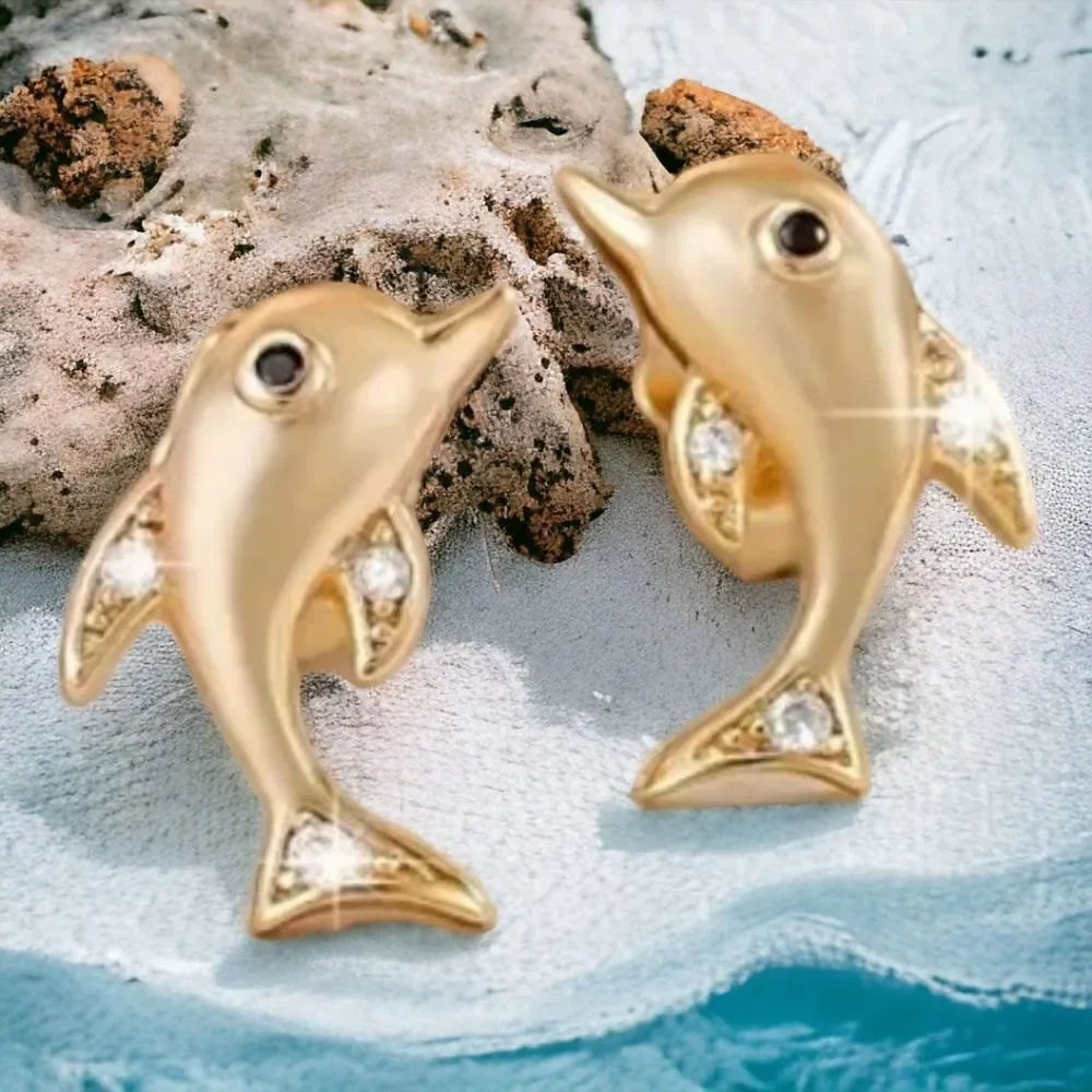 Dolphin Stud Earrings 14K Gold Plated CZ Sea World Nautical Ocean Marine Jewelry